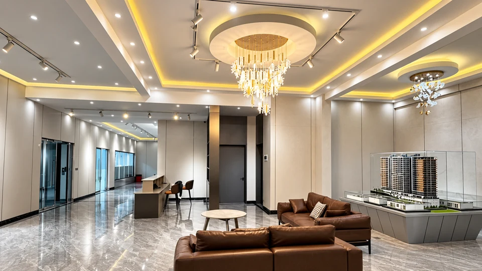 Elegant interior with gypsum ceilings, warm lighting and a chandelier