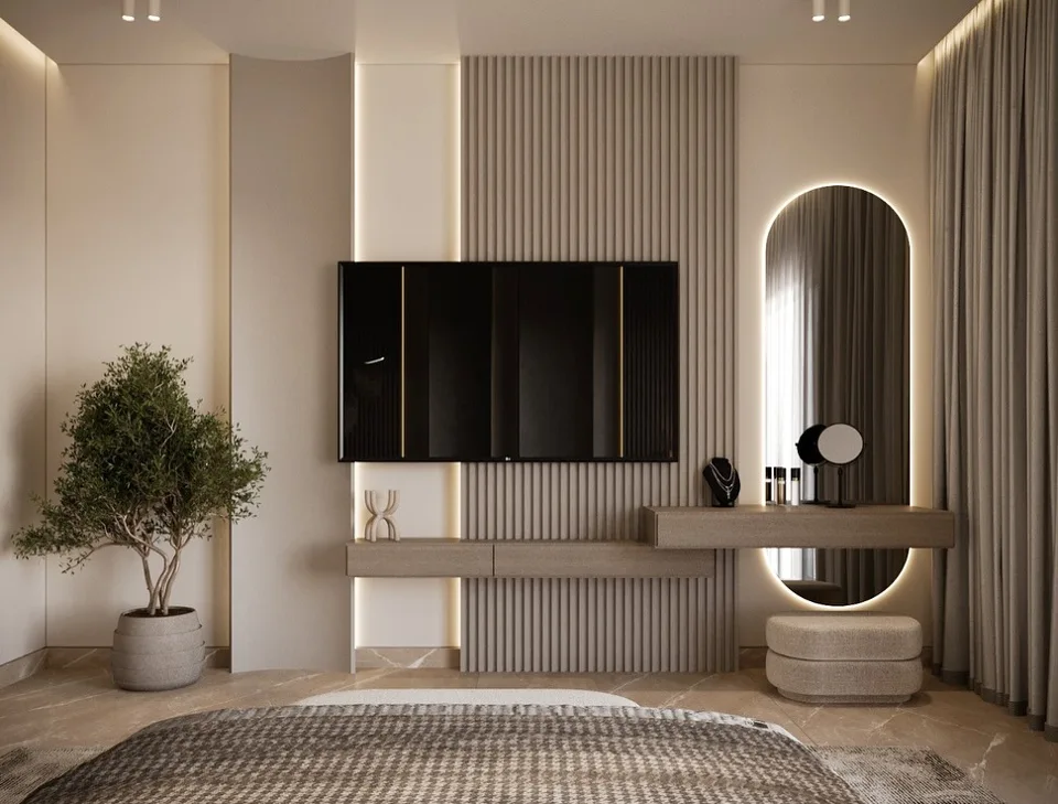 Coordinated television wall and custom cabinetry